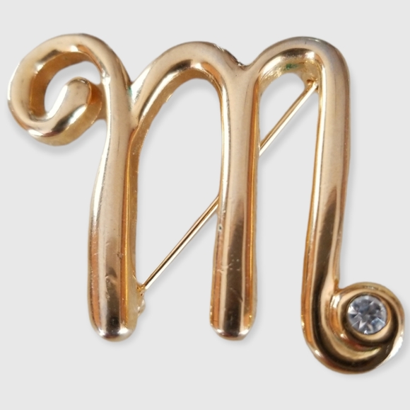 Vintage Jewelry - Vintage Signed Initial M Brooch Gold Tone with Rhinestone Solitaire